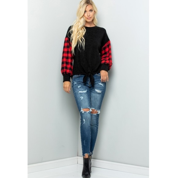 NWT Red Plaid Balloon Sleeve Tie Front Top - Picture 2 of 4